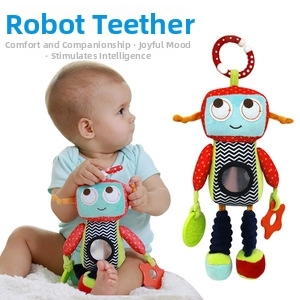 Robot stroller toy featuring colorful fabrics, teething rings and built-in safety mirror