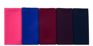 Detail showing folded chiffon hijabs in rose red, royal blue, burgundy, and dark purple