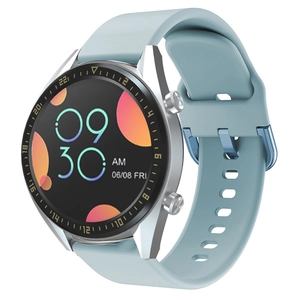 Light blue silicone 22mm watch strap with round silver case and digital display