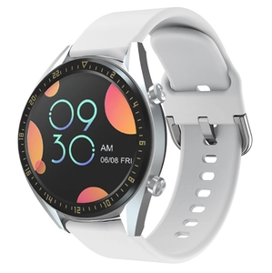 Detail view of a smart watch featuring a white silicone strap and silver metal case on white