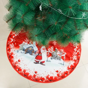 84cm Christmas tree skirt featuring Santa and cabin prints on a festive red background