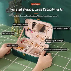 Dark green PU leather jewelry organizer with mirror and multi-compartment storage