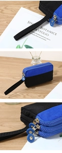 Detailed view of the triple-layered zippers and durable nylon fabric on the blue wristlet