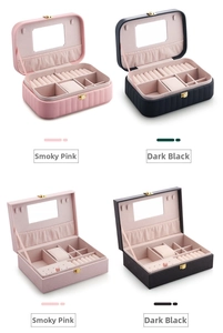 PU leather jewelry boxes in pink and black featuring multi-grid layout and mirrors