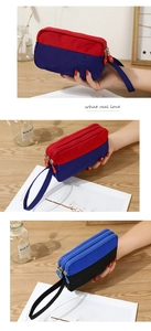 Detailed view of the triple zipper layout on the durable fabric nylon wristlet pouch