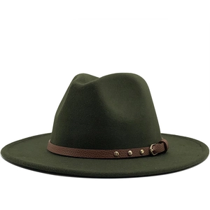 Classic olive green wool fedora hat with wide brim and decorative brown leather band