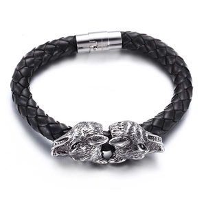 Men's braided black leather bracelet with double silver stainless steel wolf heads