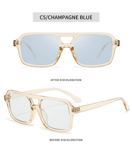 Macro comparison showing photochromic champagne sunglasses lens turning from clear to blue