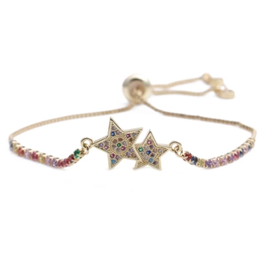 Adjustable gold chain bracelet with double star charms and colorful zircon gemstones