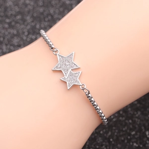 Micro-pave zircon double star bracelet on silver bead chain for a minimalist look