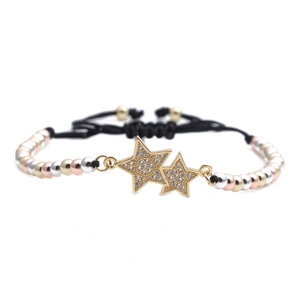 Braided black rope bracelet with micro-pave star charms and mixed metallic beads