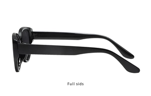 Side view of sleek black cat eye polarized sunglasses with glossy finish and thick frame