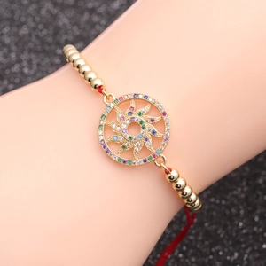 Sun Wheel Pendant Bracelet Copper Colorful Zircon Micro Pave Adjustable Sliding Buckle Fashion Bohemian Jewelry For Women Men