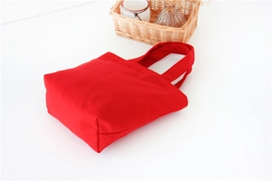 Close-up of a plain red canvas lunch bag showing weave texture on a white background