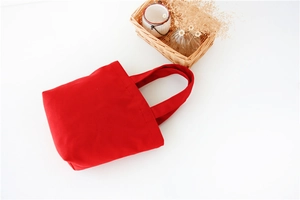 Flat lay of red canvas bento lunch bag with home decor items and lifestyle props