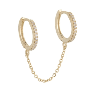Elegant gold double hoop earrings with cubic zirconia stones and link chain connection