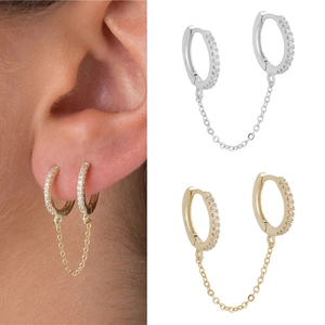 S925 sterling silver double piercing chain earrings with cubic zirconia stones