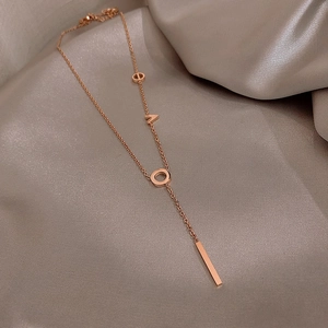 Elegant rose gold titanium steel Y-necklace with LOVE letters and vertical bar pendant