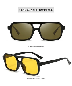 Detailed comparison of photochromic lenses changing from yellow to dark brown on square frames