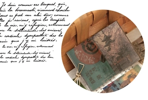 Artistic collage of vintage floral decorative paper with Kyoto motifs and French script