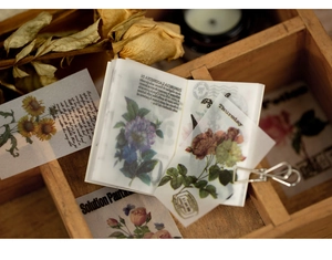 Macro detail of vintage floral vellum scrapbooking paper with elegant botanical prints