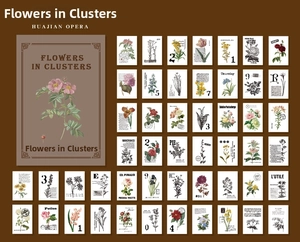 Detailed grid showing 42 vintage floral paper stickers for DIY scrapbooking and crafts