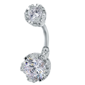Silver belly button ring featuring round clear cubic zirconia on a curved barbell