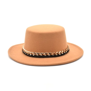 Camel wool felt gambler hat with a flat top and gold chain link decorative band