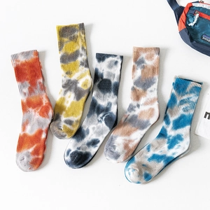Five pack of tie-dye crew socks in vibrant colors for street style and skating