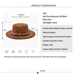 Flat brim leopard print wool fedora hat with chain detail for men and women