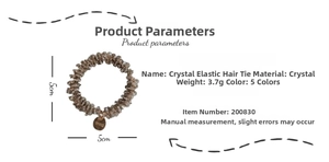 Detail view of 5cm crystal elastic hair tie with beads and metallic number tag