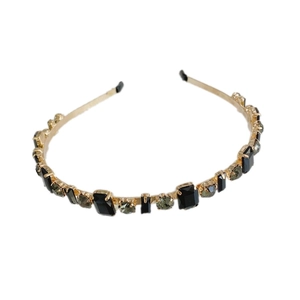 Luxury Baroque hairband with black rectangle gems and grey crystals on a gold metal frame