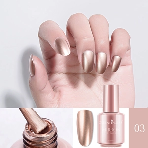 Macro view of 8ml rose gold mirror nail polish with applicator brush and color swatch