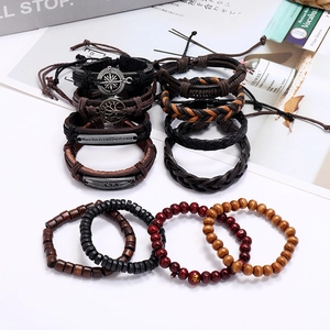Retro 8-piece set of woven leather bracelets with wooden beads and engraved metal charms