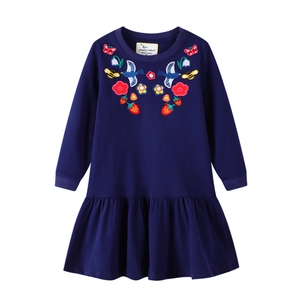 Robe bleu marine à manches longues pour filles avec broderies d'oiseaux et fleurs