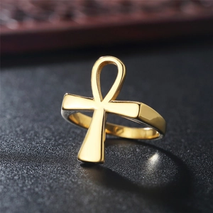 Golden Ankh Cross stainless steel ring with ancient Egyptian Anubis protective motif