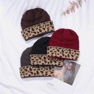Winter knit beanies with leopard print cuffs in burgundy, coffee, black, and dark grey