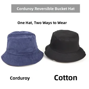 Versatile reversible corduroy and cotton bucket hat featuring navy and black sides