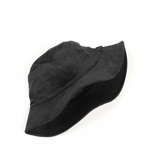 Detailed close-up showing the textured black corduroy fabric of this flat top bucket hat