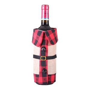 Christmas red and black plaid wine bottle cover with flannel collar and bell decoration