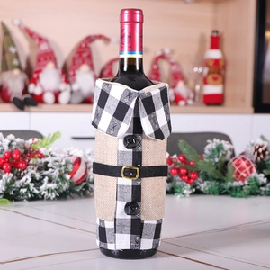 Christmas wine bottle cover with black and white plaid collar and burlap details