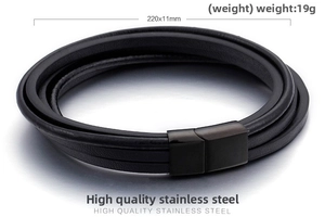 Detail of multi-layer braided leather bracelet with black magnetic stainless steel clasp