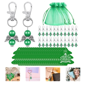 Christmas angel wing keychain set with green pearl, gift bag and tree-shaped tag