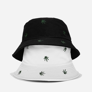 Cotton Bucket Hat With Leaves Embroidery Reversible Double Sided Wear Outdoor Sun Protection Streetwear For Men Women