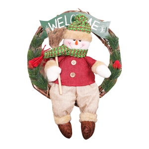 Nordic Christmas snowman wreath with welcome banner and faux pine needles on rattan base