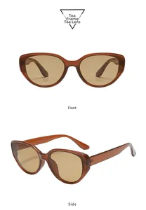 Front and side view of cat eye sunglasses with tea frames and matching tea lenses