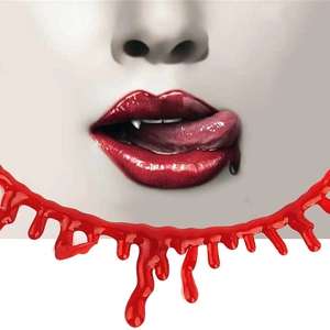 Close-up of Halloween vampire choker with dripping blood design for spooky cosplay