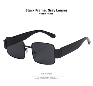 Side view of trendy black square oversized sunglasses with dark gray lenses
