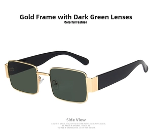 Side view of square sunglasses with gold metal frame and dark green lenses
