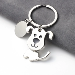 Polished silver puppy dog keychain with blank round tag for custom engraving
